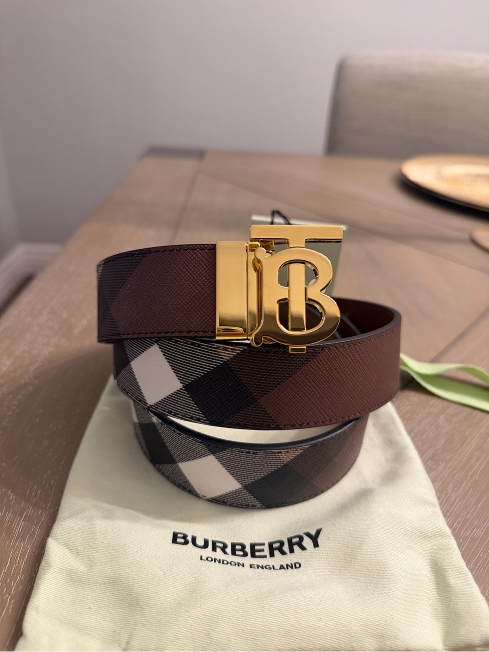 Burberry Brown Check Reversible Men’s Belt with Gold TB Buckle
